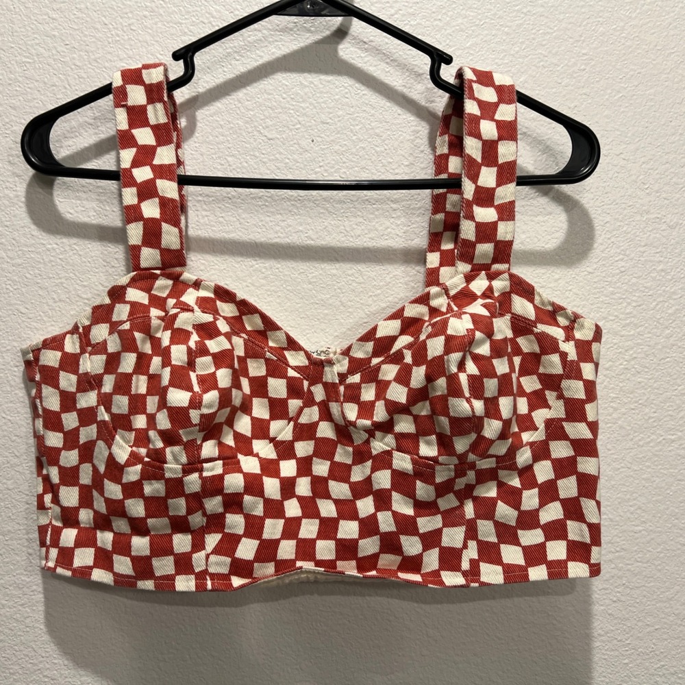 Impressions Bustier Crop Top Womens Large Red White Checkered Zip Back Y2£